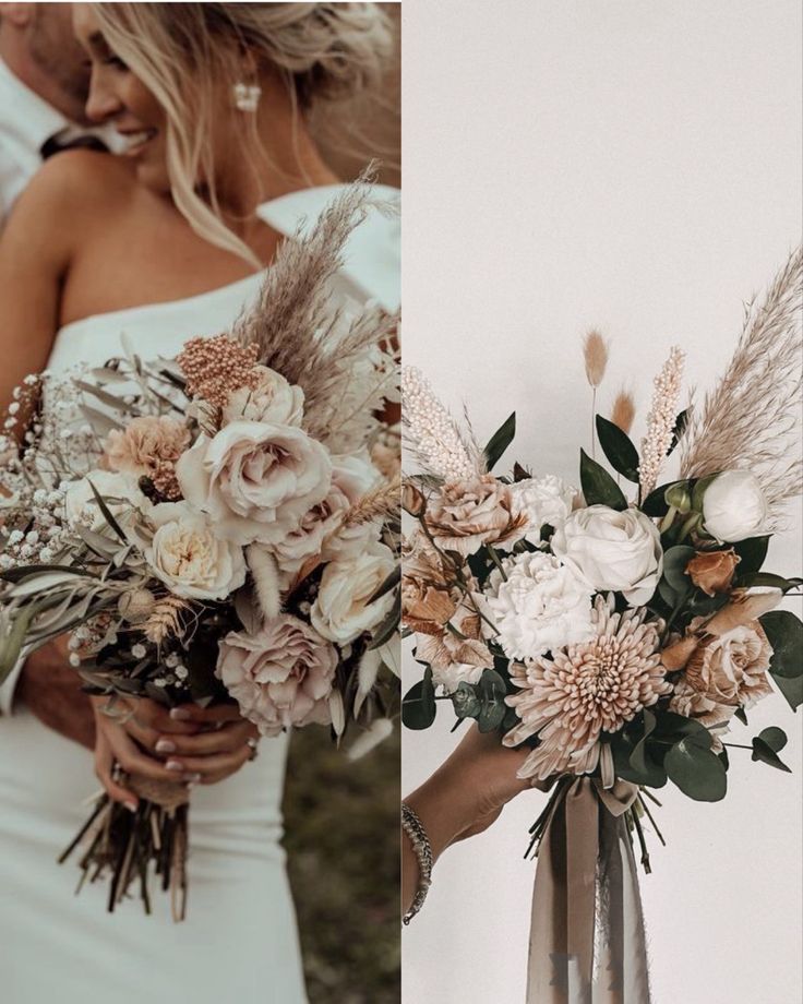 two pictures of the same bride and groom holding their bouquets