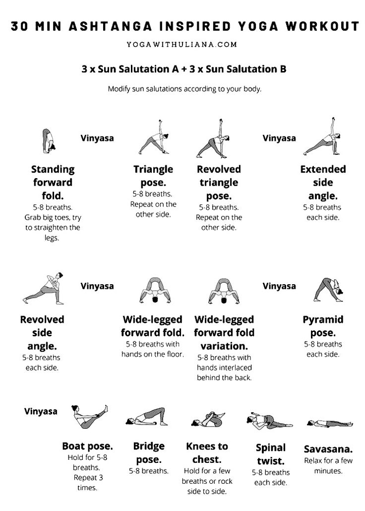 the 30 min ashtanga inspired yoga workout for beginners is shown in black and white