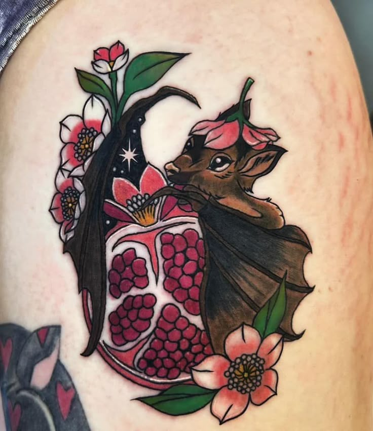 Pomegranate Tattoo, Tatuaje Cover Up, Fruit Tattoo, Traditional Tattoo Inspiration, Tattoo Apprenticeship, Bat Tattoo, Floral Tattoo Sleeve, Gorgeous Tattoos, Next Tattoo