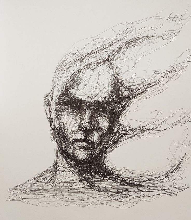 a black and white drawing of a woman's face with her hair blowing in the wind