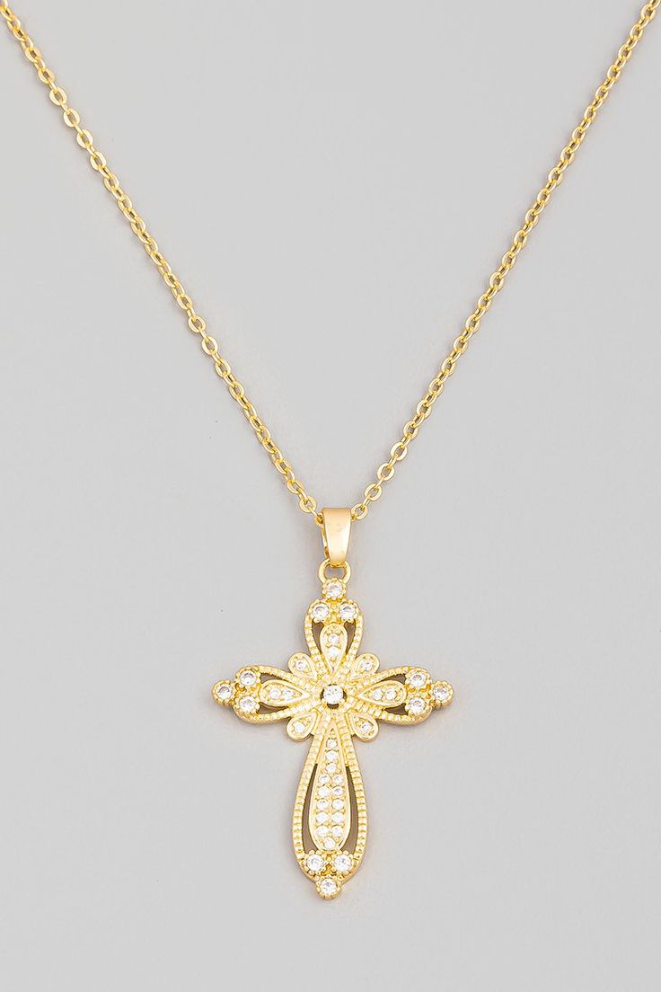 Pave Floral Cross Pendant Necklace. Women. Size: Approximate Length: 16+2 inches Gold Plated Cross Necklace With Delicate Chain, Elegant Gold Cross Chain Necklace, Gold Cross Chain Necklace Elegant Style, Gold Plated Delicate Chain With Cross Pendant, Gold Plated Adjustable Chain With Cross Pendant, Gold Plated Cross Pendant Jewelry With Adjustable Chain, Gold-tone Cross Jewelry With Adjustable Chain, Gold Plated Delicate Chain Necklace With Cross Pendant, Gold Cross Jewelry With Adjustable Chain