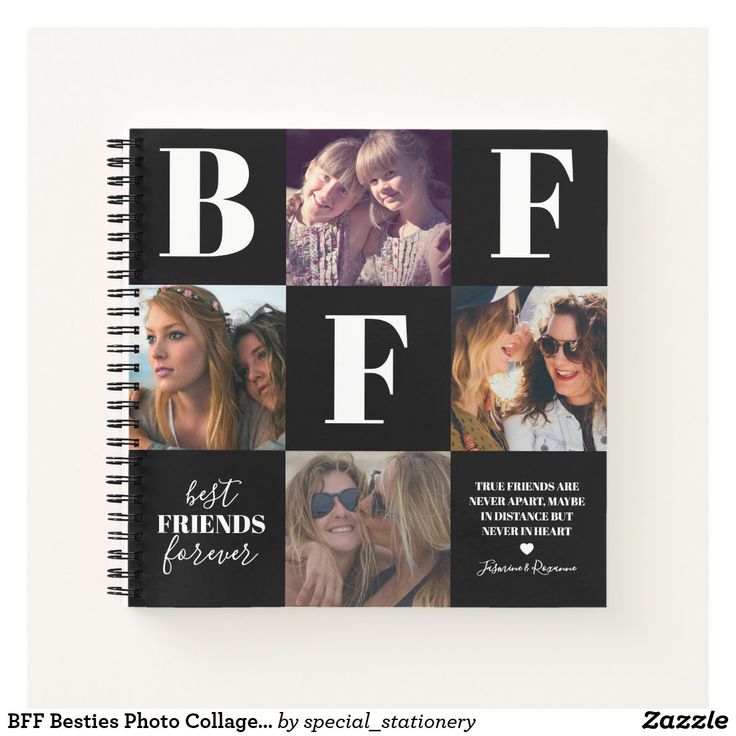 a spiral notebook with the words best friends forever written on it and pictures of women