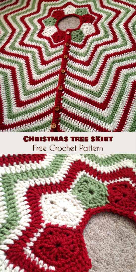 a crocheted christmas tree skirt is shown in red, green and white yarn