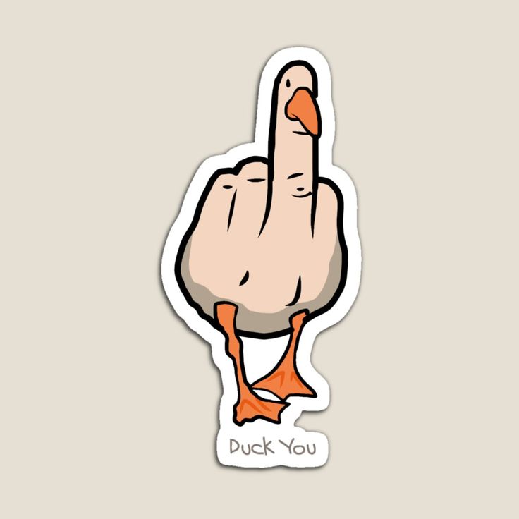 a sticker with an image of a duck pointing to the right and saying, duck you