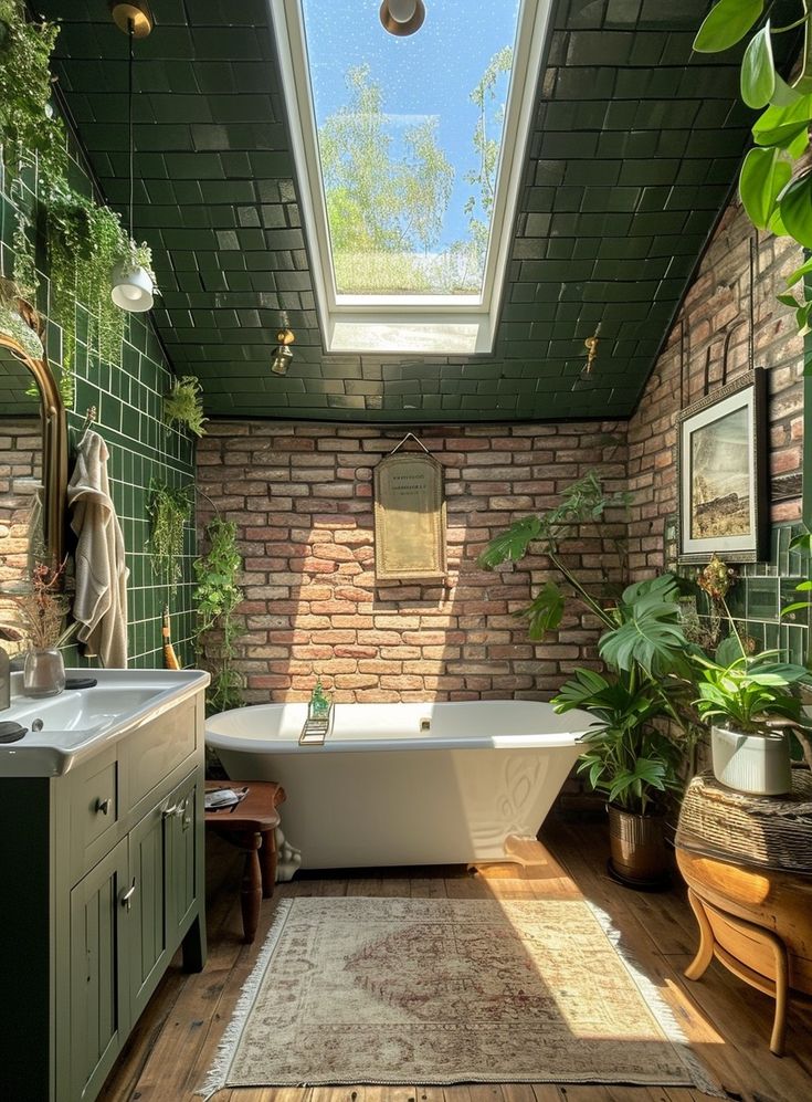 a bathroom with a skylight above the bathtub and rug on the floor next to the sink