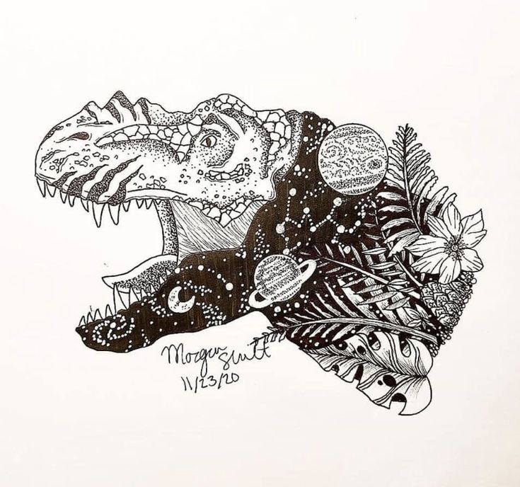 a black and white drawing of a dinosaur with flowers on it's back end