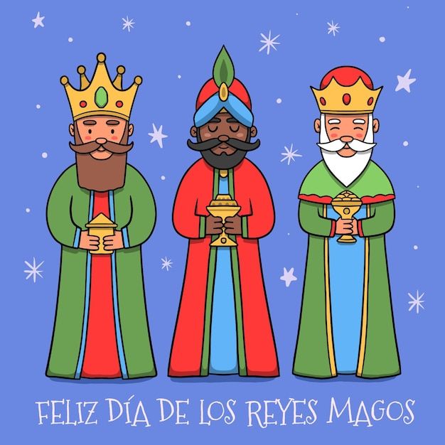 three wise men with crowns on their heads and the words feliz dia de los reyes