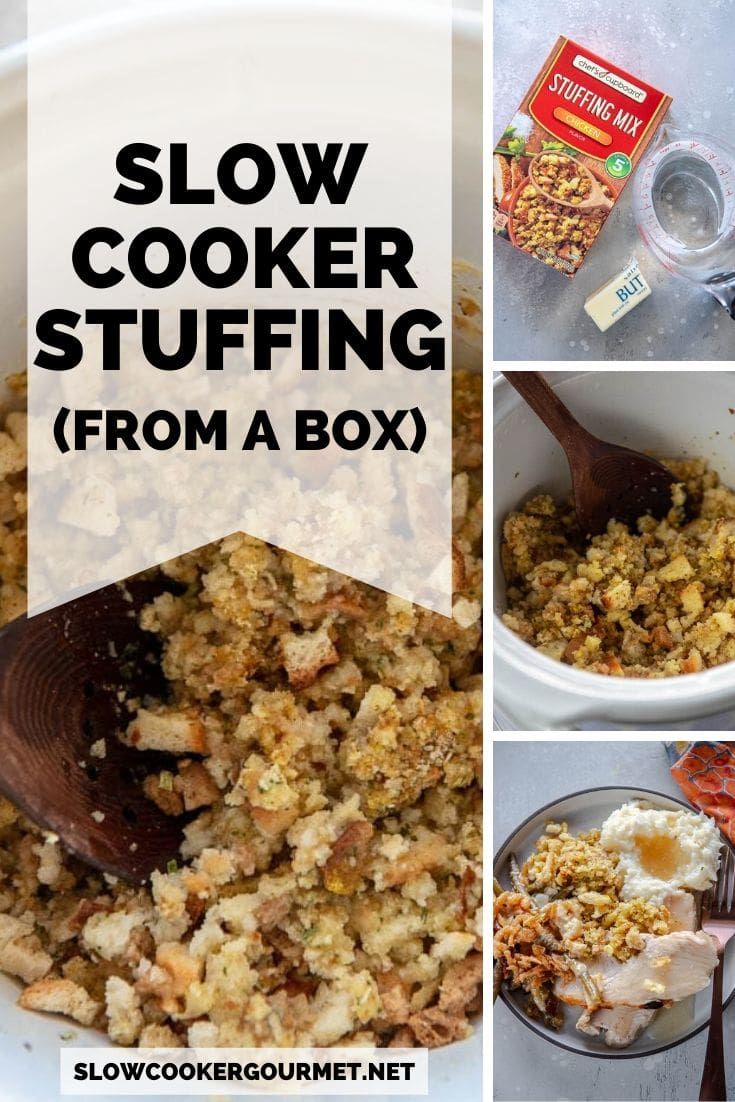 the process for making slow cooker stuffing from a box is shown in four pictures