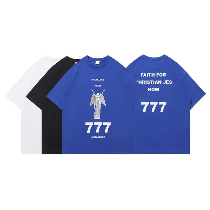 three t - shirts with the words, faith for christian jesus now and 777