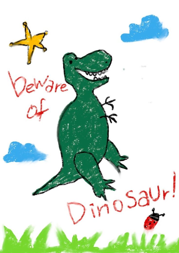 a child's drawing of a dinosaur and a ladybug in the sky