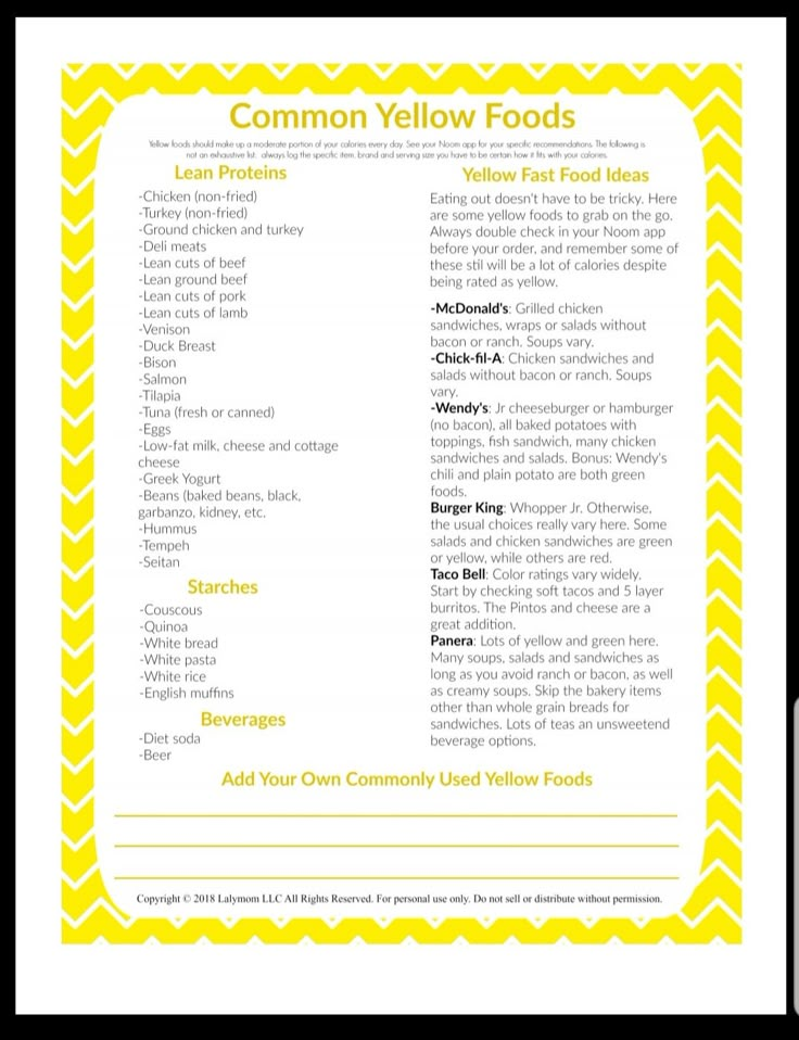 the common yellow foods list is shown in this printable version, which includes information about what to eat and how to use it