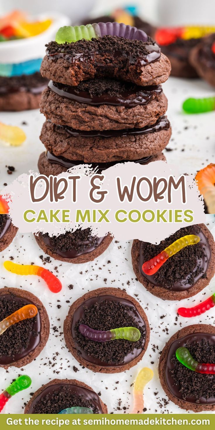 some cookies are stacked on top of each other with the words dirt and worm cake mix cookies