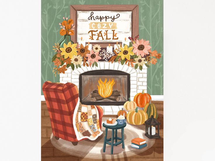 the fireplace is decorated with flowers and fall decorations