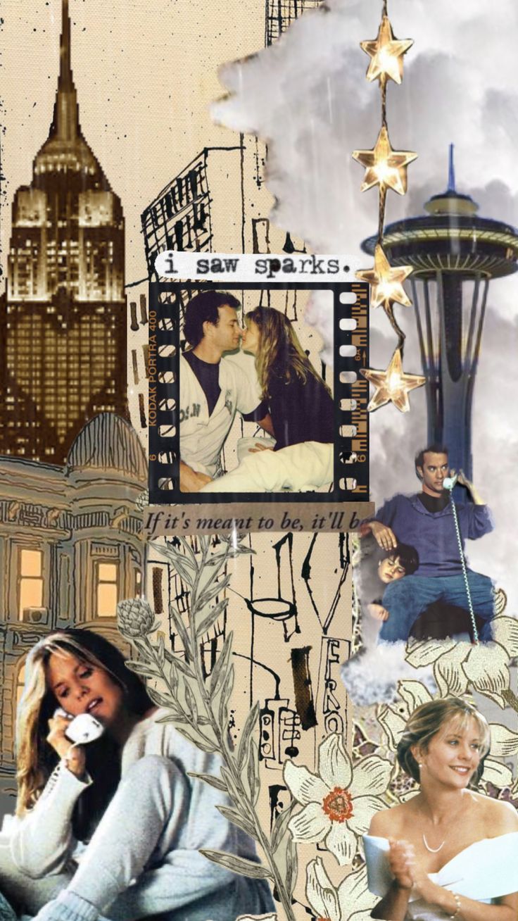 a collage of photos with people and buildings in the background, including a woman talking on a cell phone