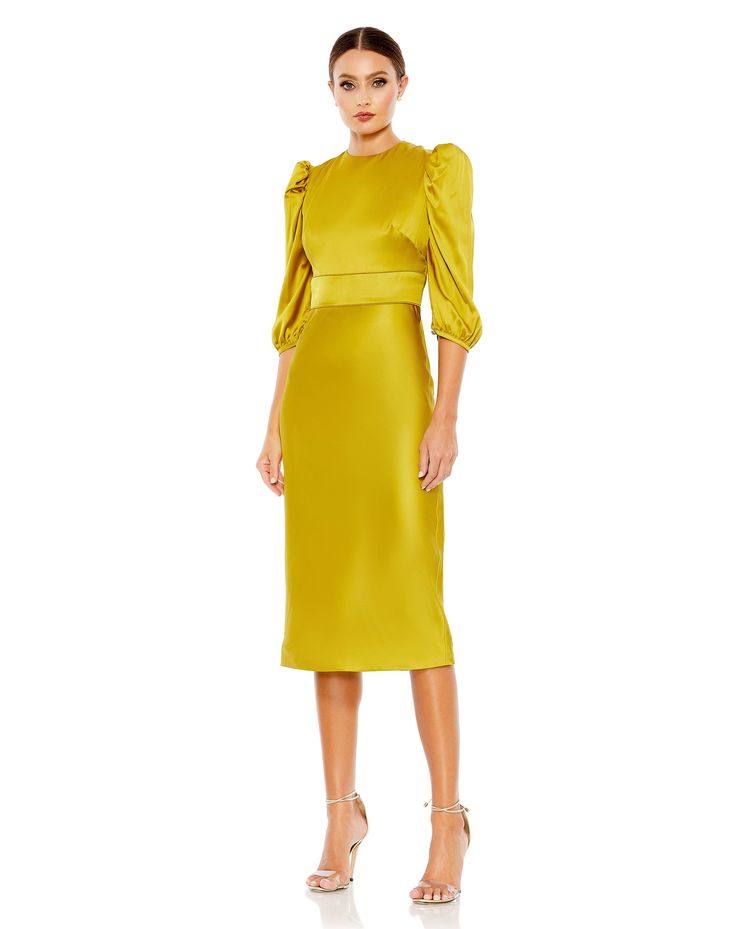 Ieena for Mac Duggal Charmeuse fabric (100% polyester) Fully lined through body High neckline Elbow length sleeves Puff shoulders Concealed back zipper Approx. 48" from top of shoulder to bottom hem Available in Chartreuse, Fuchsia, and Marigold Style #26927 Bride Midi Dress, Glitter Prom Dresses, High Neck Midi Dress, Short Summer Dresses, Sequin Prom Dresses, Prom Dress Shopping, Green Prom Dress, Satin Prom Dress, Pink Prom Dresses