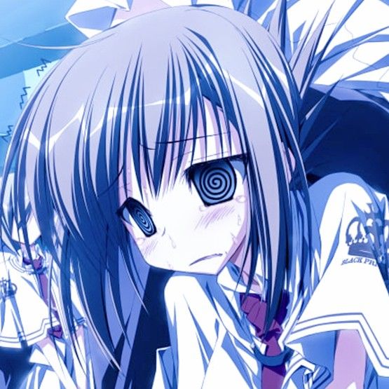 an anime character with long hair and blue eyes, standing in front of other characters