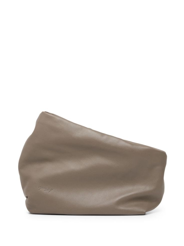 taupe brown calf leather smooth grain matte finish asymmetric body debossed logo to the front top zip fastening detachable shoulder strap main compartment Modern Soft Leather Shoulder Bag In Taupe, Classic Taupe Soft Leather Shoulder Bag, Taupe Textured Leather Business Bag, Modern Soft Leather Taupe Shoulder Bag, Business Leather Bag In Taupe, Formal Taupe Bags With Leather Lining, Modern Taupe Leather Shoulder Bag, Modern Taupe Soft Leather Shoulder Bag, Modern Taupe Bag With Smooth Grain