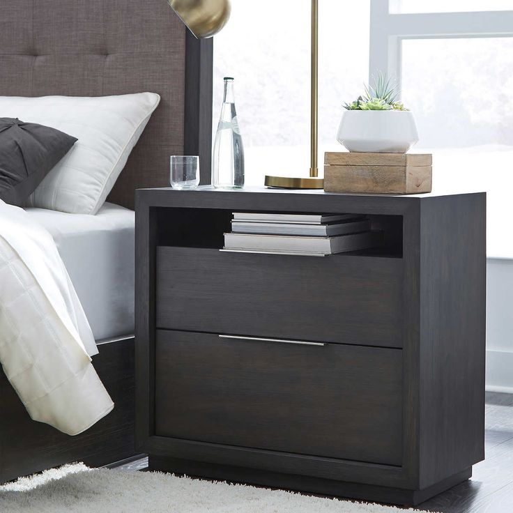 a bedroom with a bed, night stand and nightstand