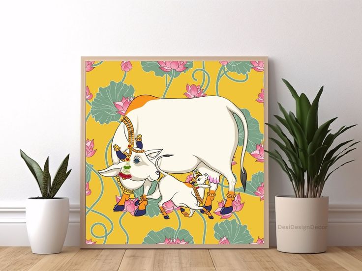 an art print of two cows on a yellow background with pink and green flowers in the foreground