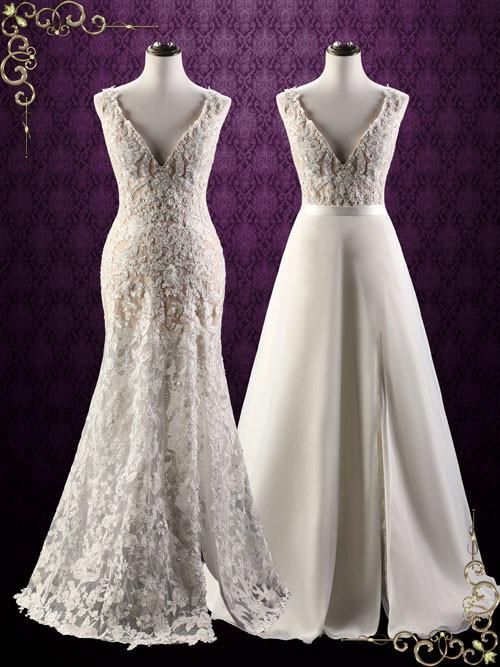 two white wedding dresses on mannequins in front of a purple background