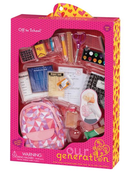 an open pink box with school supplies in it