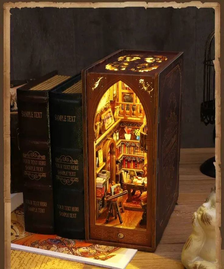 an open book case sitting on top of a wooden table