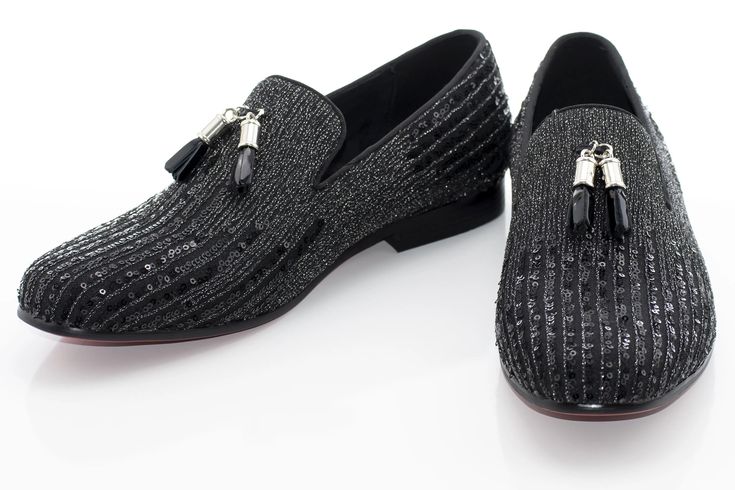 Lustrous sequin and rhinestones tastefully accent the solid black upper of this attractive dress loafer featuring a chic red sole and metal bit tassels. Prom Suit, Wedding Tuxedo, Attractive Dresses, All White Party, Sequined Dress, Dress Loafers, Black Sequin Dress, Red Sole, Work Dress