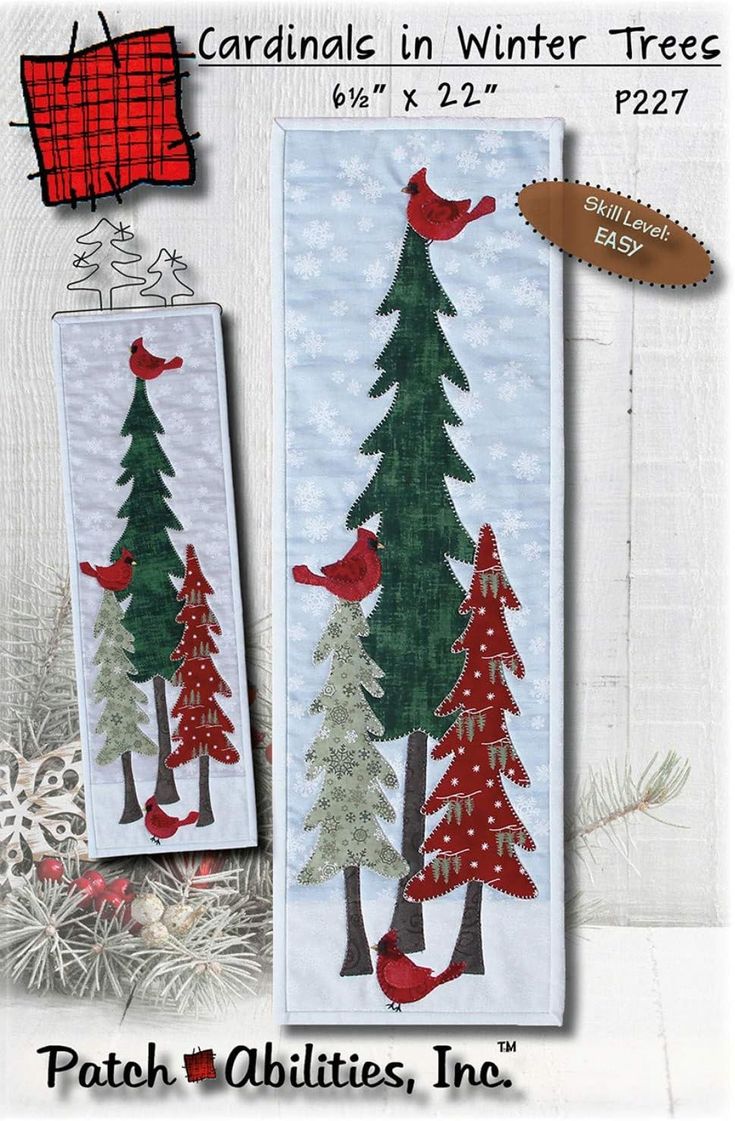 two christmas trees with birds on them and the words cardinals in winter tree p237