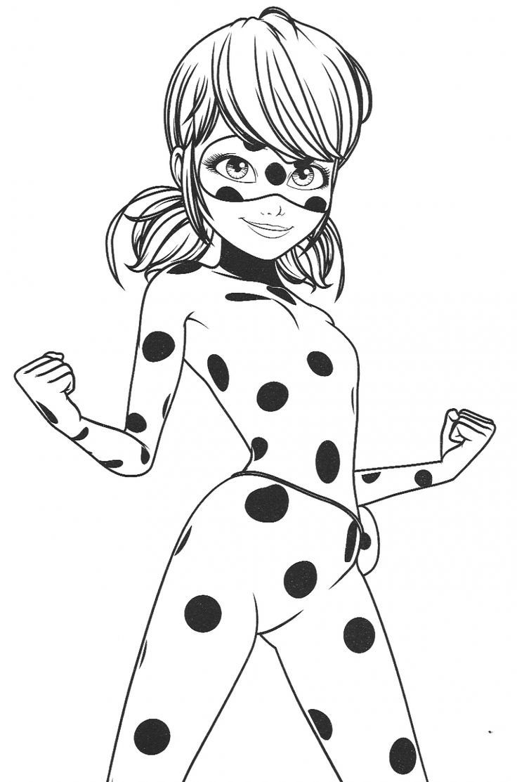 a black and white drawing of a girl dressed as a dalmatian with polka dots