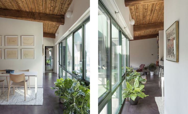 two pictures of the inside of a house with plants in pots on either side of the glass doors