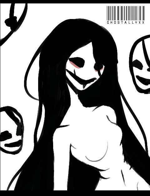 a drawing of a woman with long hair and an evil smile on her face, in black and white