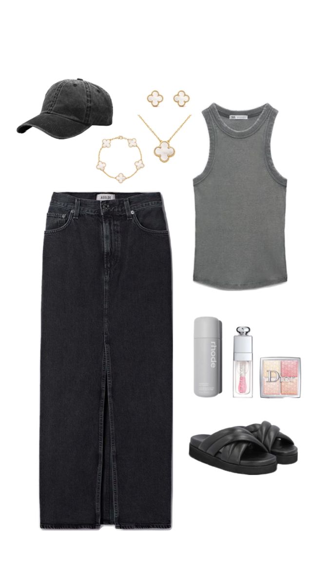 Spring denim skirt outfit idea, sandals, van cleef jewells, grey tank top, Dior makeup essentials Gray Tank Outfit, Skirt Tank Top Outfit, Spring Denim Skirt Outfit, Grey Tank Top Outfit, Ootd Tank Top, Denim Skirt Outfit, Spring Denim, Denim Skirt Outfits, Tank Outfit