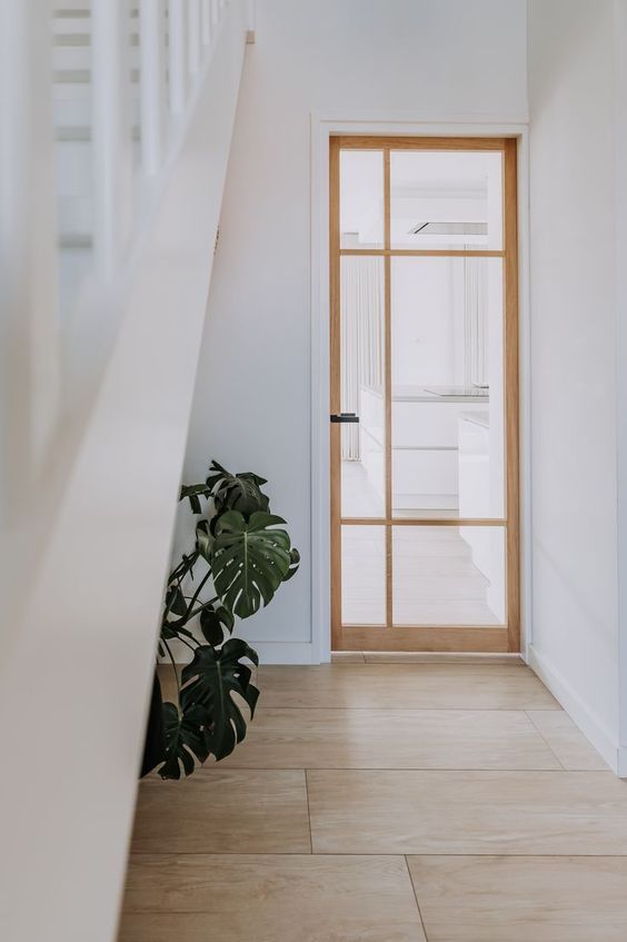 a plant is sitting on the floor in front of an open door that leads to another room