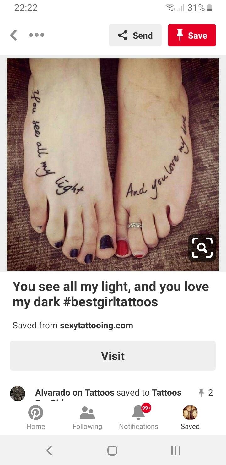 two feet with tattoos on them and the words you see all my light, and you love