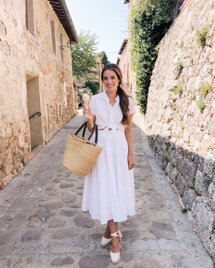 Off-white Summer Vacation Dress, Feminine Off-white Midi Dress For Beach, Fitted White Linen Dress, Feminine Style, Vacation Off-white Cotton Midi Dress, Espadrilles Outfit, Castaner Espadrilles, Beach Gingham V-neck Dress, Modest Summer Fashion, Womens Fashion Casual Spring