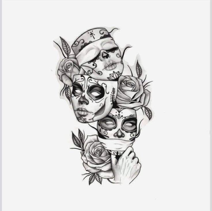 a drawing of two skulls with roses on their head and one skull in the middle