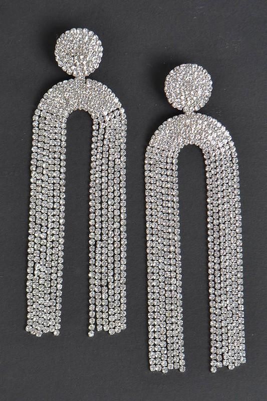 Symmetric Drop Earrings with Rhinestone Detail1.4" X 4.75" Trendy Rhinestone Crystal Earrings For Evening, Trendy Crystal Rhinestone Earrings For Evening, Trendy Evening Crystal Earrings With Rhinestones, Rhinestone Chandelier Drop Earrings, Trendy Dangle Crystal Earrings With Rhinestones, Chic Crystal Earrings With Rhinestones, Trendy Rhinestone Drop Earrings, Trendy Silver Earrings With Rhinestones, Trendy Silver Crystal Earrings With Rhinestones