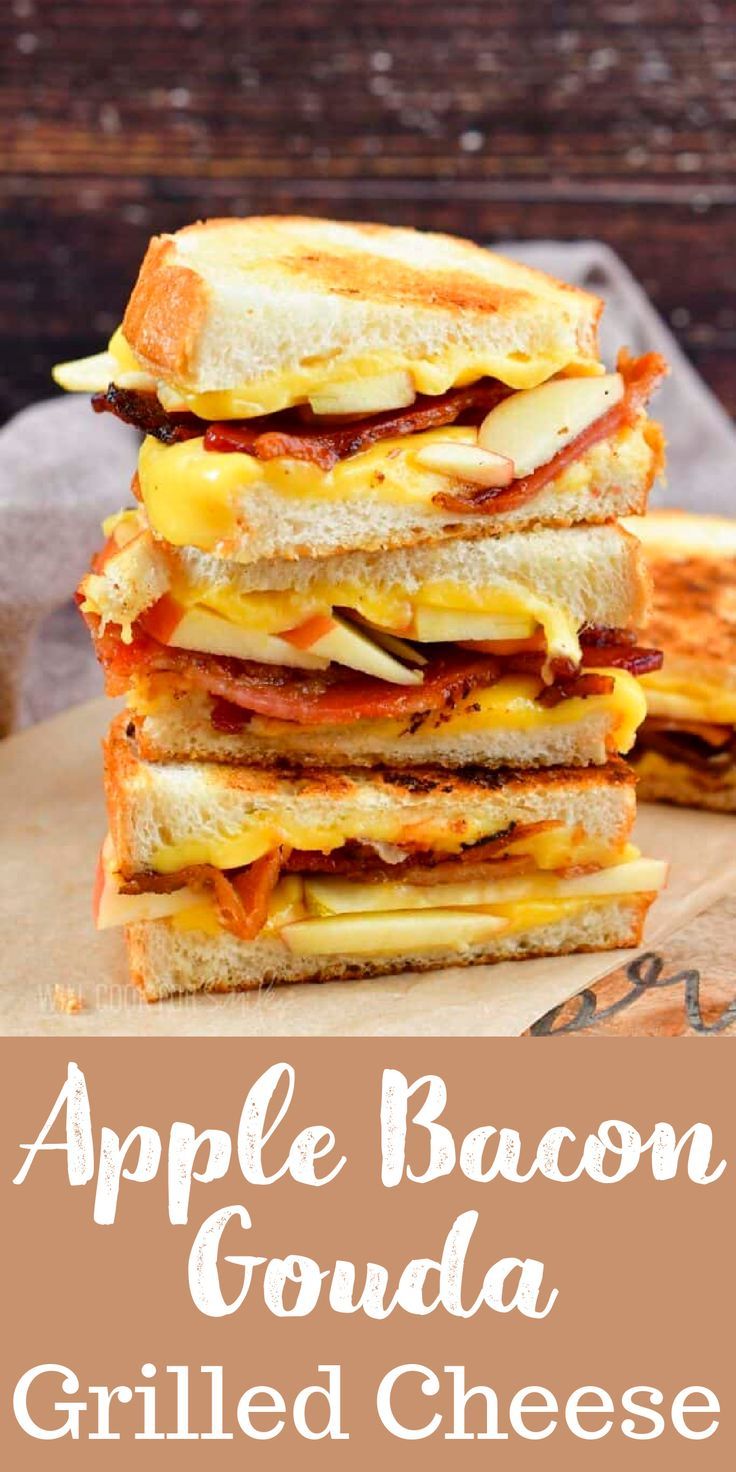 an apple bacon gourd grilled cheese sandwich stacked on top of each other