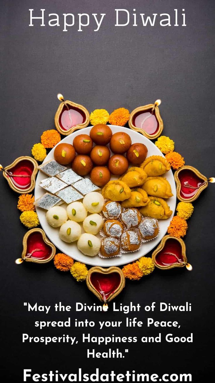 happy diwali greeting card with sweets on plate and pomegranates