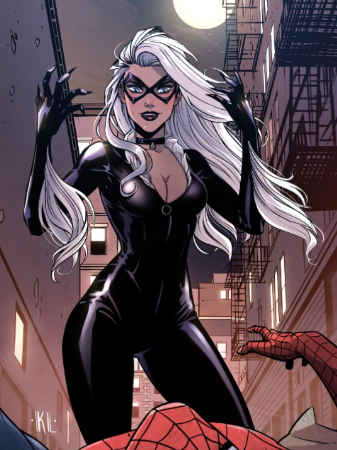 an image of a woman dressed in black and white with spider - man on her shoulder