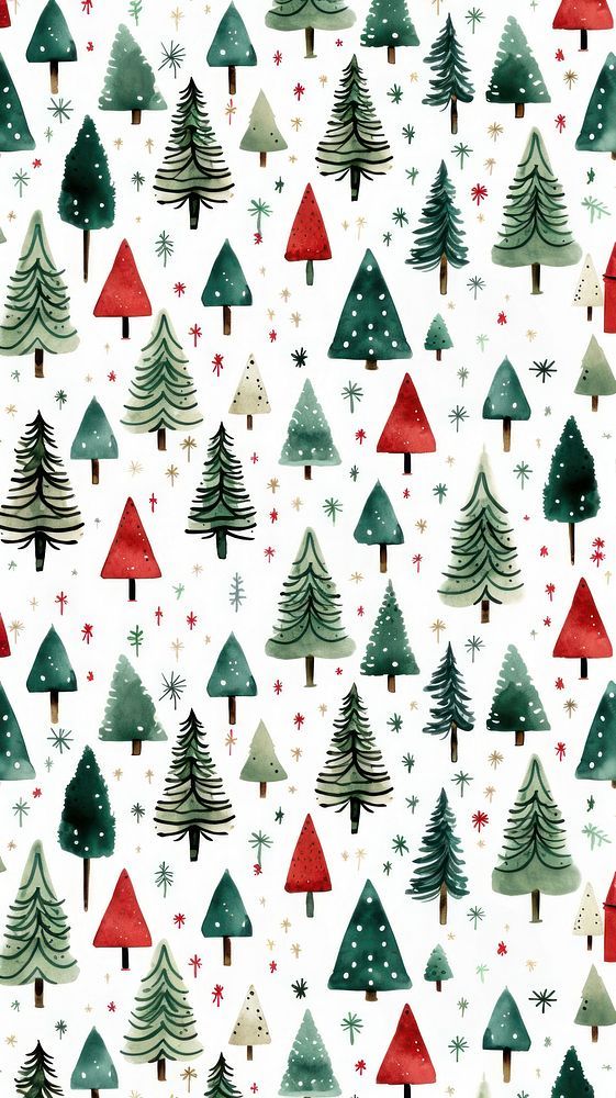 christmas trees with snowflakes and stars on white background, seamless fabric design