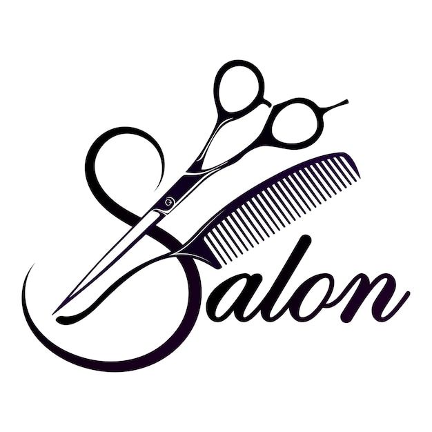 scissors and comb with the word salon written in black ink on a white background illustration