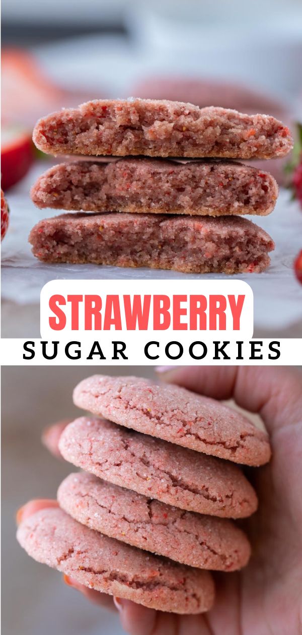 strawberry sugar cookies are stacked on top of each other with the words, strawberry sugar cookies