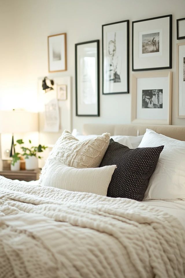 a white bed topped with lots of pillows next to pictures on the wall above it