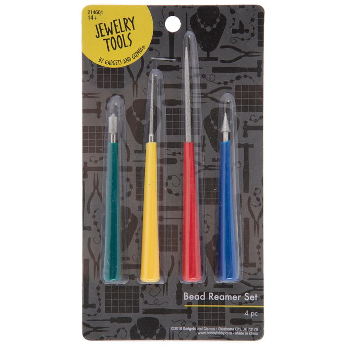 3 piece jewelery tools set in plastic packaging with colored handles and tips, including two pens