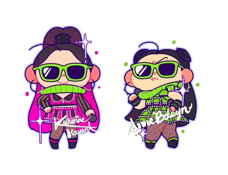 two cartoon characters wearing sunglasses, one in pink and the other in black with green