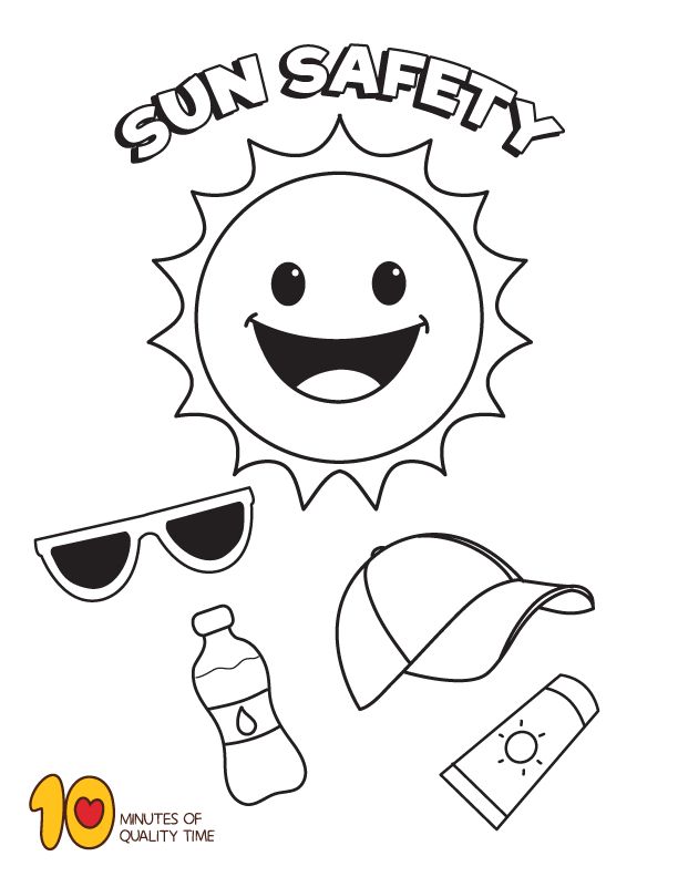 sun safety coloring page with sunglasses, hat and sunscreen