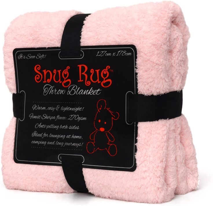 a pink blanket with a black tag on the front and back of it that says, squig rug