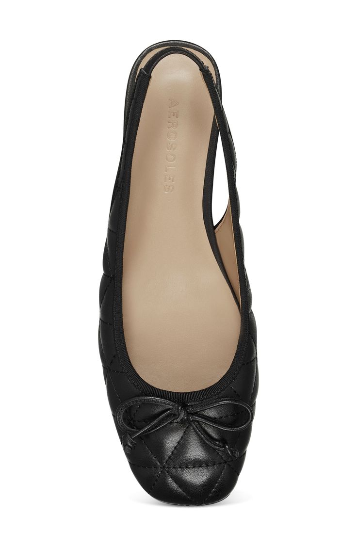 A square toe adds modern polish to a classic slingback style in this flat with a bow on the vamp and a shock-absorbing sole. Slingback strap with elastic gore inset Leather upper/synthetic lining/rubber sole Imported Women's Shoes Elegant Black Ballet Flats With Textured Sole, Leather Lined Flat Heel Slingback Pumps, Flat Heel Slingback Pumps With Leather Lining, Chic Leather Flat Slingback Pumps, Chic Flat Leather Slingback Pumps, Flat Slingback Pumps With Leather Sole For Work, Leather Slingback Flats For Office, Leather Flat Slingback Pumps With Removable Insole, Flat Black Slingback Pumps For Office