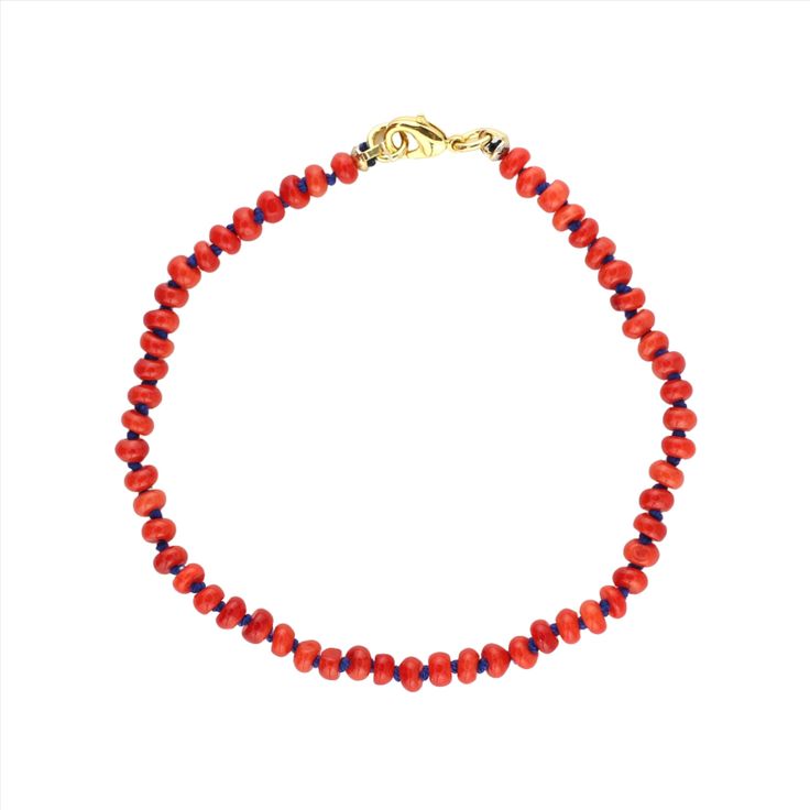 Brighten your wrist stack with this stunning red Coral 7.5" bracelet, hand-knotted with navy silk thread for a unique touch. Finished with a gold-filled clasp, this bracelet showcases the vibrant hues of red Coral, which is believed to promote vitality, wellness, and mental focus. Perfect for layering or wearing alone, it adds a pop of color and positive energy. Red Round Beads Bracelet For Everyday, Everyday Red Friendship Bracelet With Round Beads, Red Single Strand Beaded Bracelet, Red Spiritual Beaded Bracelets For Everyday, Spiritual Red Beaded Bracelets For Everyday, Navy Bracelet, Wrist Stack, Pearl Charm Necklace, Wrist Stacks